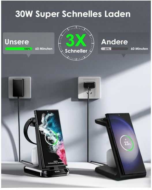 НОВО! VCVS Безжично зарядно 3 в 1 USB C за телефон слушалки часовник