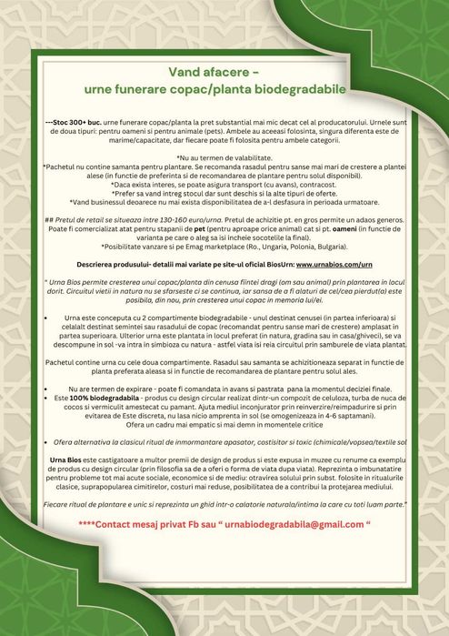 Afacere urne funerare copac/planta pt animale & oameni BiosUrn