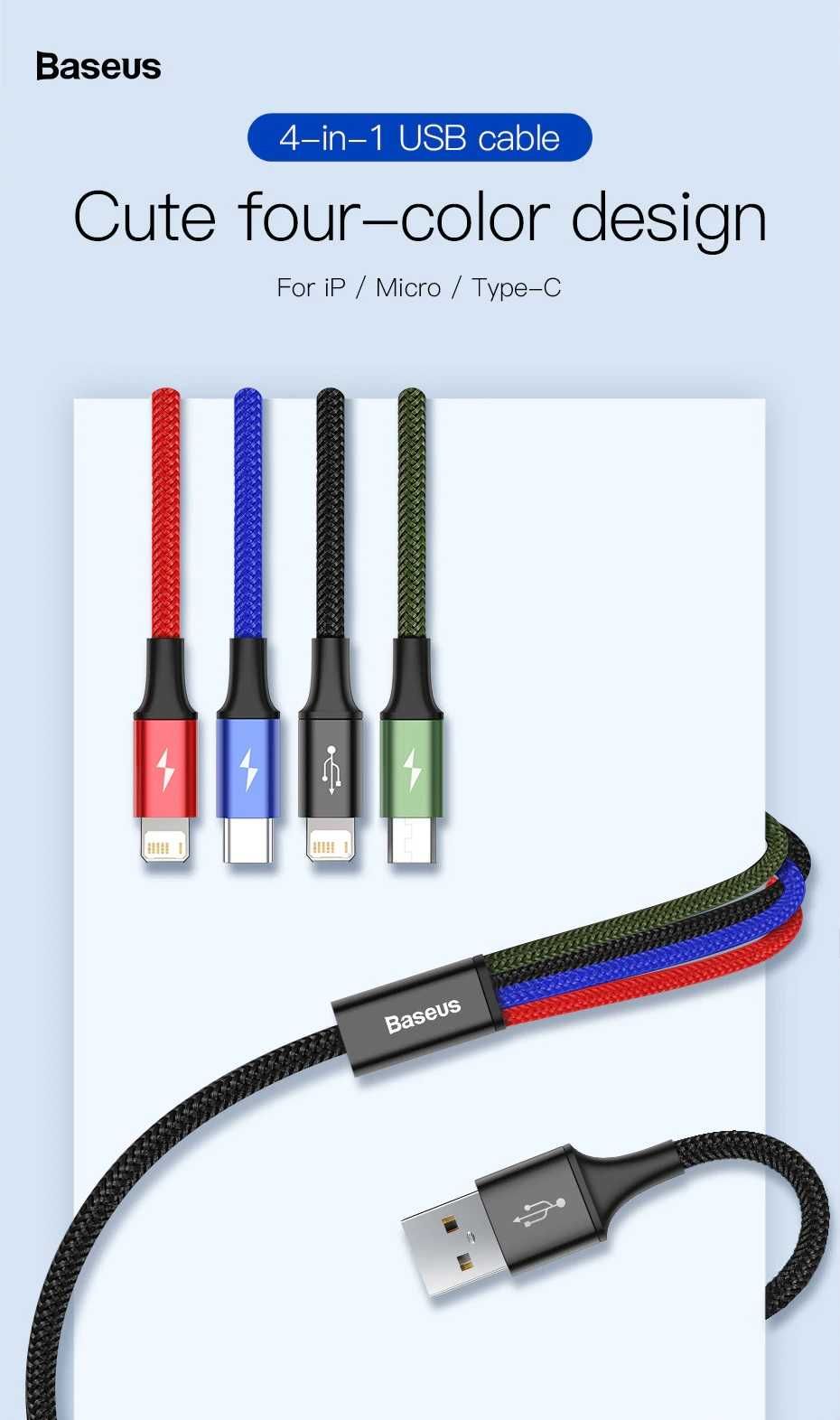 4 in 1 USB Cable for 2xiPhone / Micro / Type-C Fast 3.5A FAST Baseus