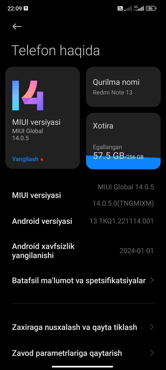 Xiaomi redmi note 13  256 xotira