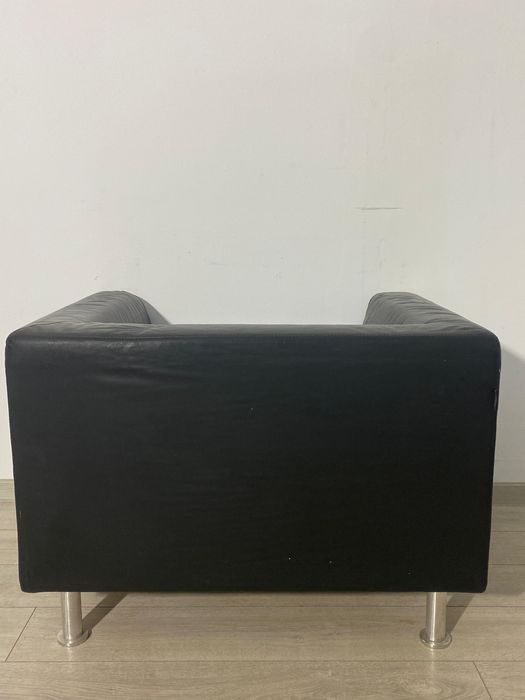 Fotoliu din Piele Naturală de Culoare Neagră; Scaun cu Brațe