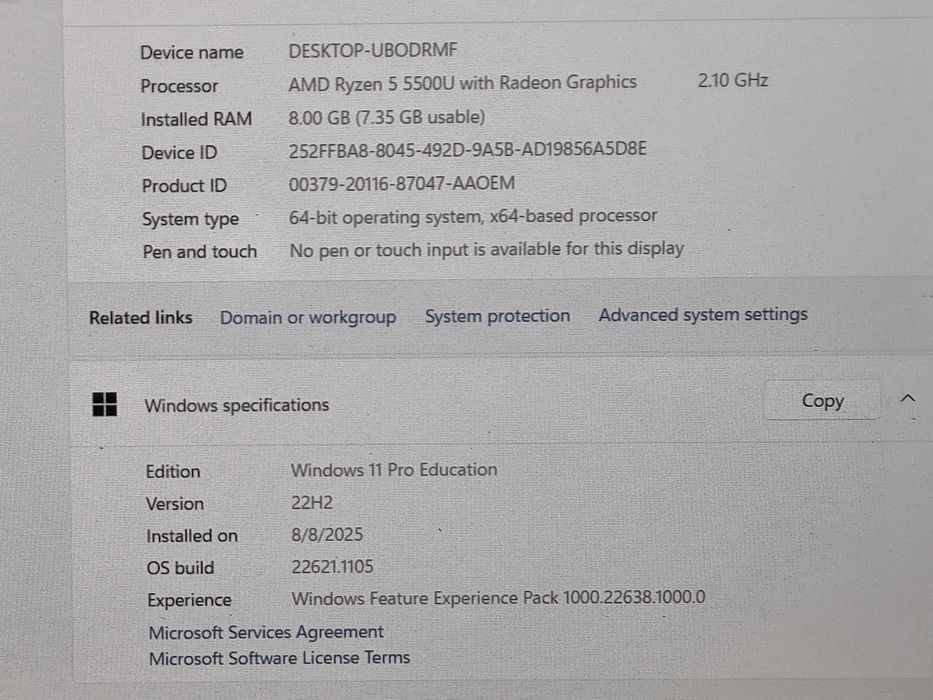 vand laptop Acer Aspire 515.15.6"FH.Ryzen 5 5500.8 Gb.Ssd 256 Gb