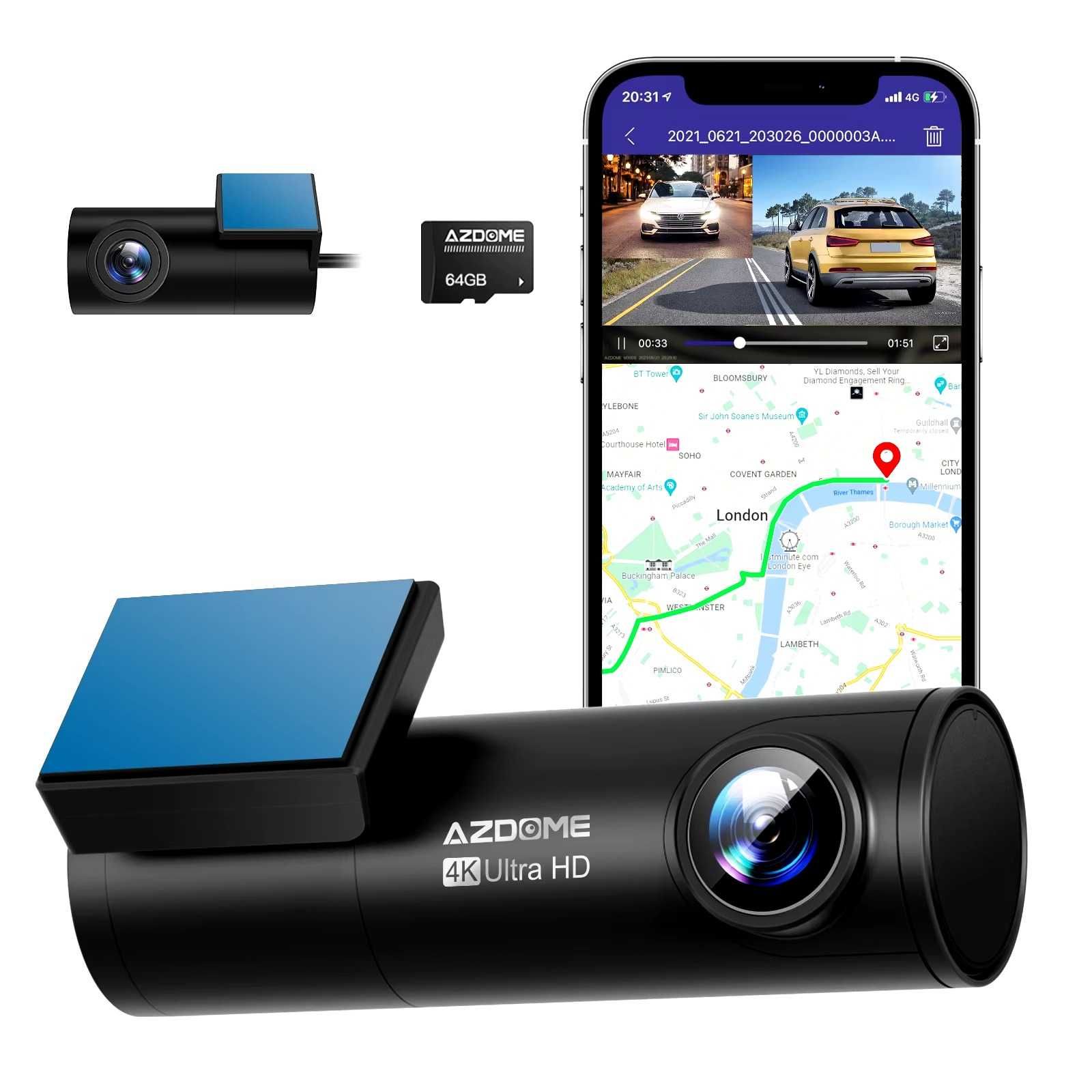 Camera Auto Bord GPS Wifi AZDOME M300S 4K + Camera Marsarier Card 64Gb