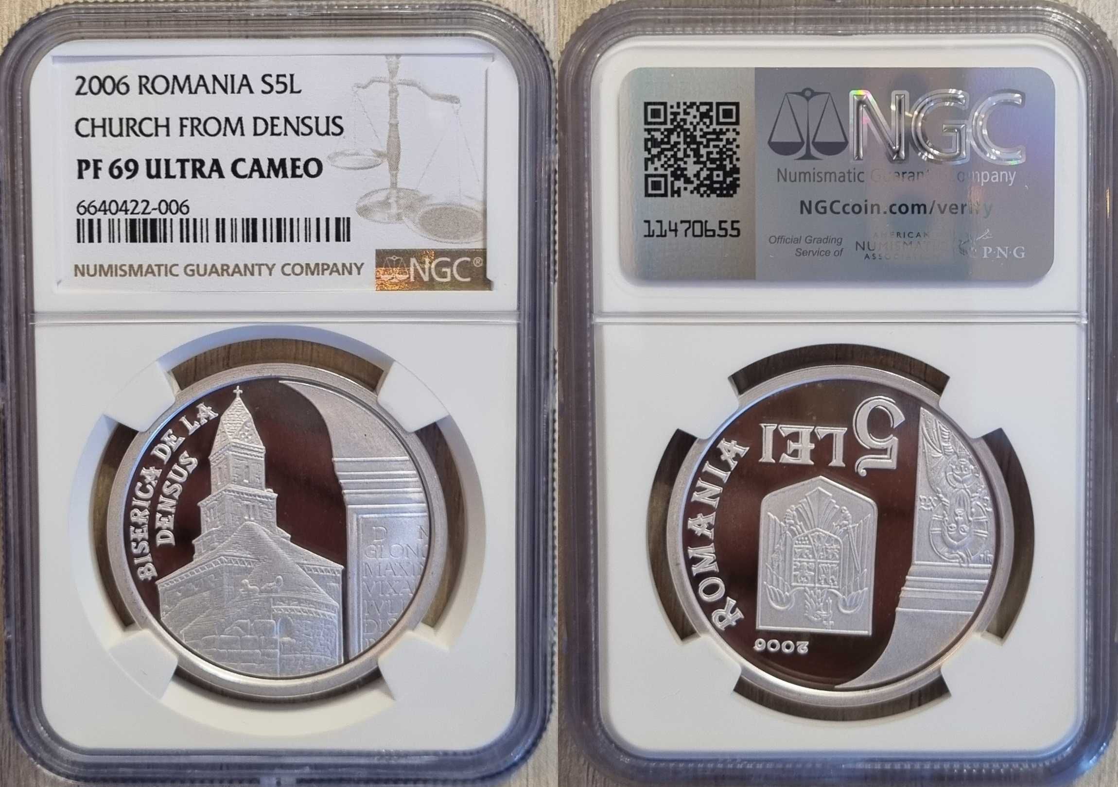 Moneda BNR 5 lei argint biserica de la Densus gradata NGC PF 69 UC