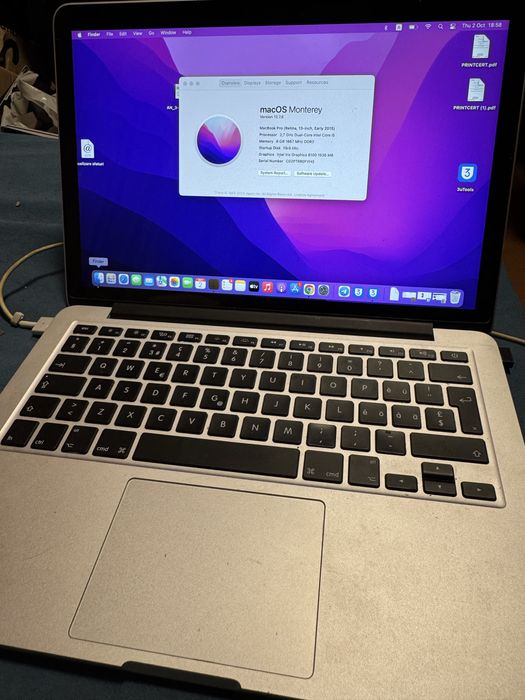 Macbook Pro 2015 I5, 8 gb ram, ssd 128