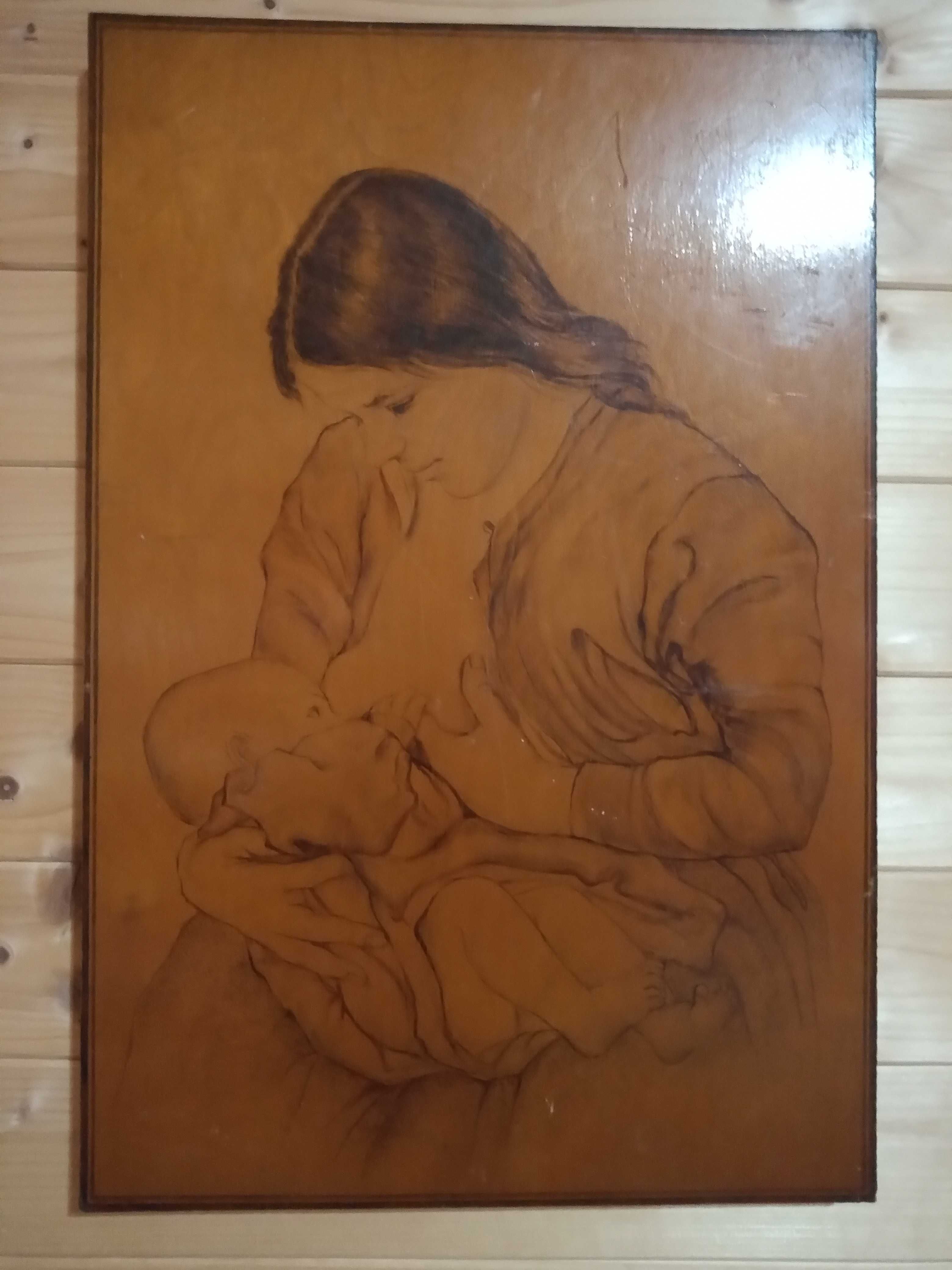 tablou lemn pirogravura mama alaptare