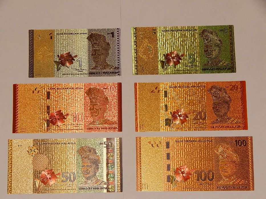 Lot 6 bancnote Malaezia din polimer placat cu aur 24k