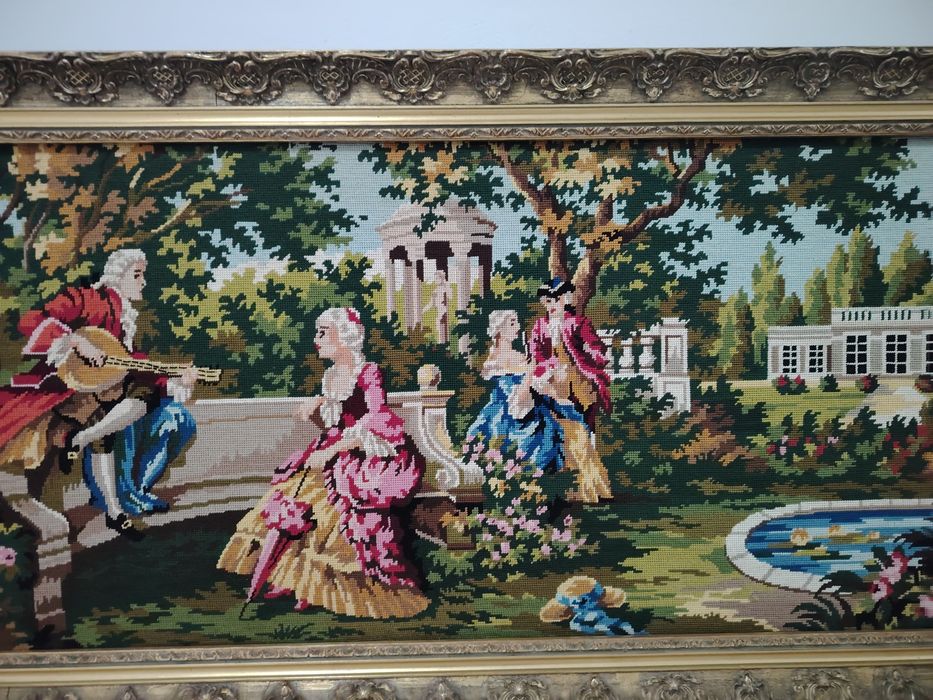 Goblen superb de dimensiuni mari,scena galanta încadrată într-o ra