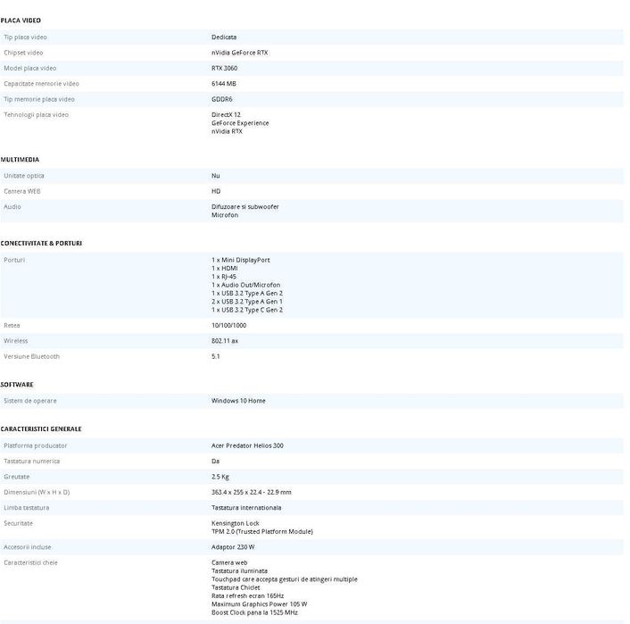 Laptop Gaming Acer Predator Helios 300 i7-11800H, 15.6" 16GB, 1TB SSD