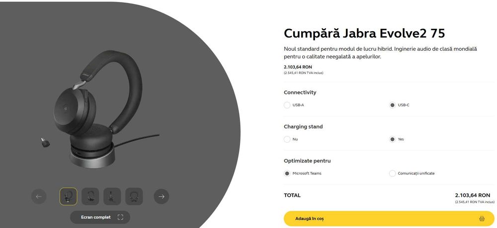 Casti Jabra Evolve2 75 noi + incarcator desk stand