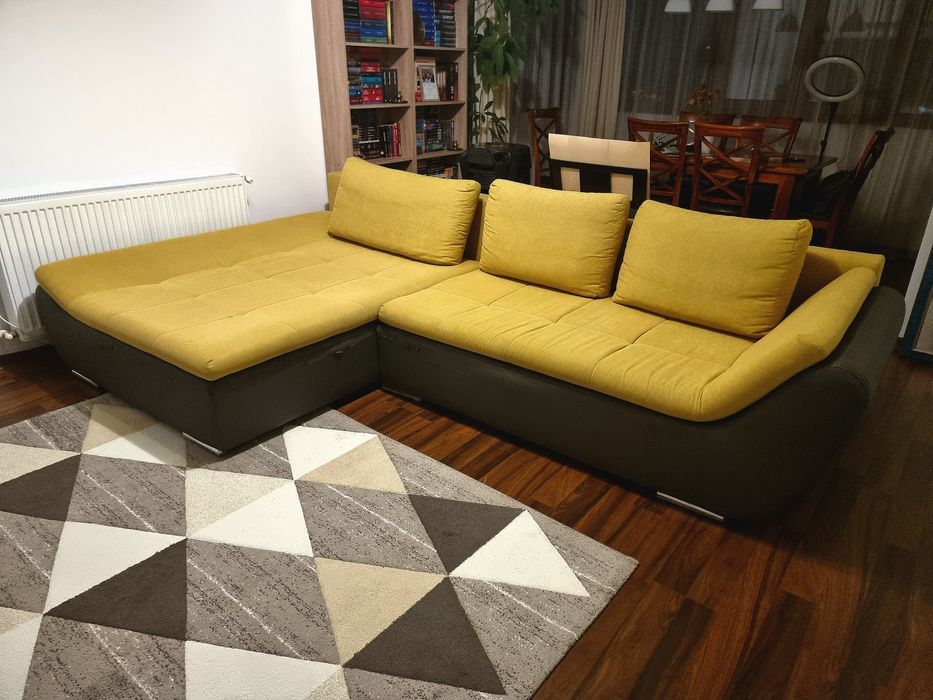 Colțar / Canapea extensibilă Ariva stânga, galben/gri, stofă/piele eco