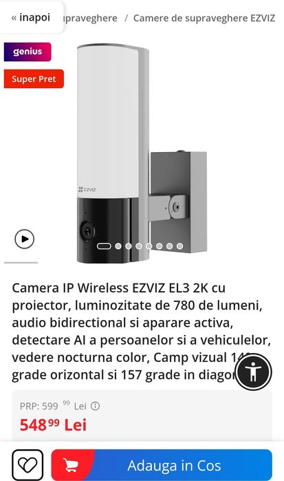Camera IP Wireless EZVIZ EL3 2K cu proiector, luminozitate de 780 de l