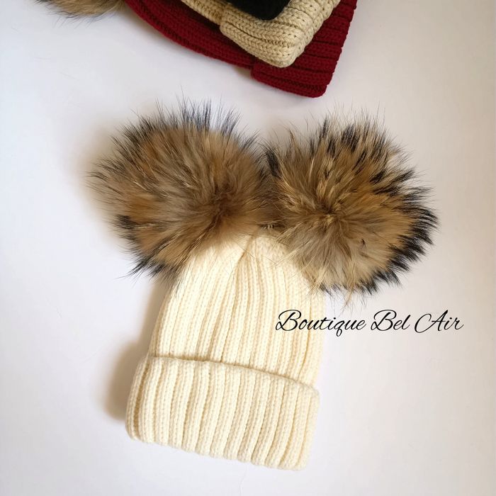 Зимна шапка с помпони от естествен косъм, зимни шапки, естествен пух