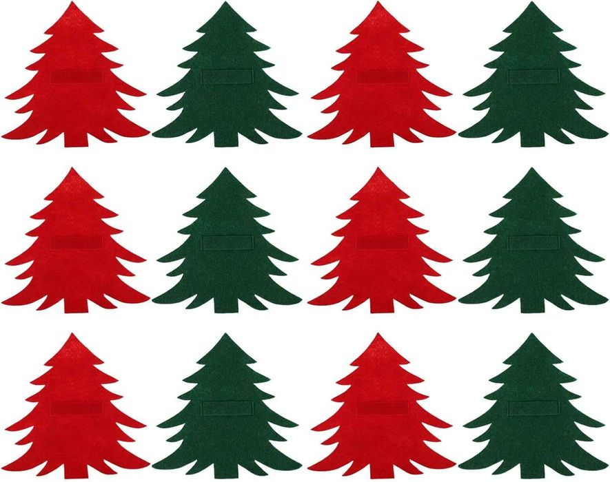 Set 12 suporturi pentru tacâmuri, model brad, din fetru, roșu & verde