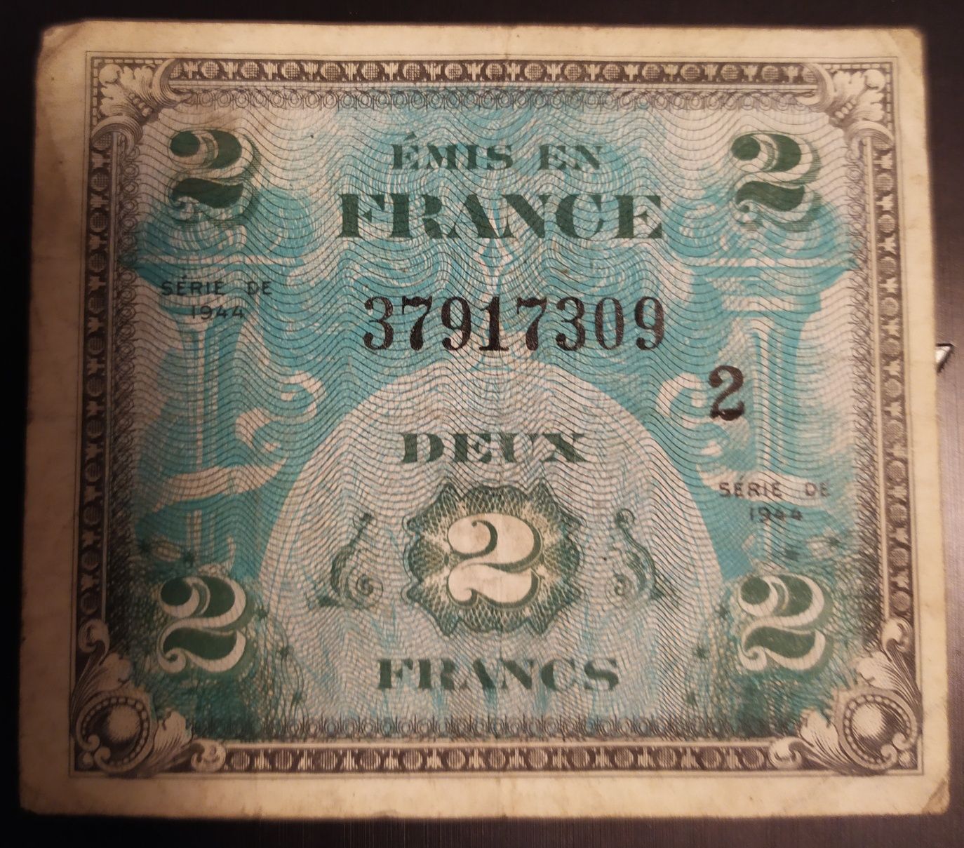 2 Franci  1944 Franta  bancnota de ocupatie aliatilor Hitler razboi