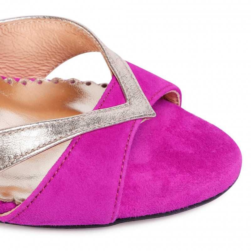 Sandale din piele cu toc cui fuchsia/auriu