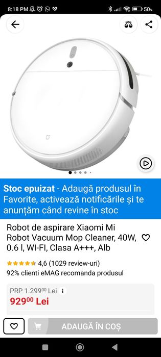 Robot de aspirare Xiaomi Mi Robot Vacuum Mop Cleaner, 40W, 0.6 l, WI-F