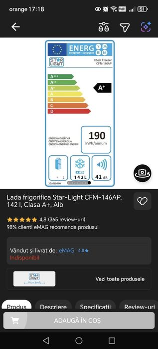 Lada frigorifica Star-Light 142 l, Clasa A+