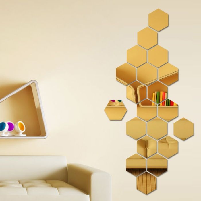 Set Oglinzi Design Hexagon - Oglinzi Decorative Acrilice Gold - 10 buc