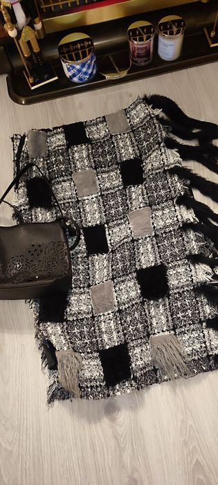 Fustă maxi din tweed patchwork, groasa, handmade, gri-negru cu detalii