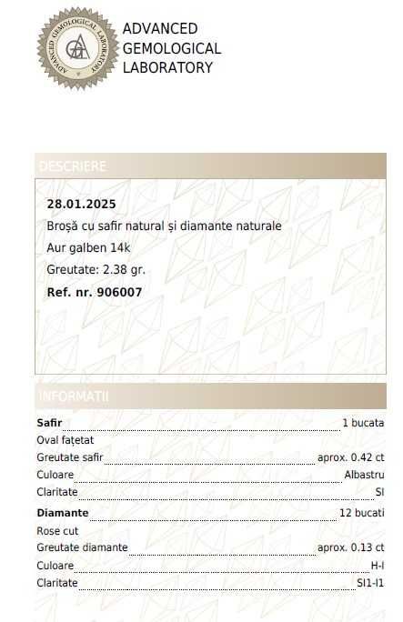 Broșă vintage aur cu safir natural și diamante + Certificat gemologic