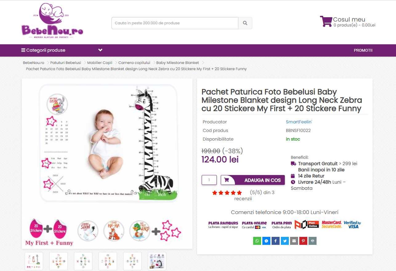 Pachet Paturica Foto Bebelusi cu 20 Stickere 'My First' si 20 'Funny'