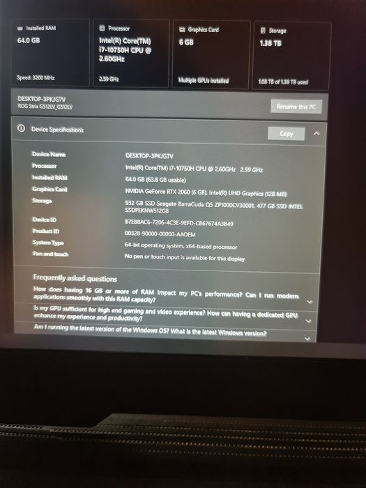 Asus Rog G512lv - i7 -64Gb Ram-RTX2060-6Gb