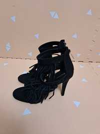 Sandale catifea neagră cu franjuri, mărimea 40, Graceland
