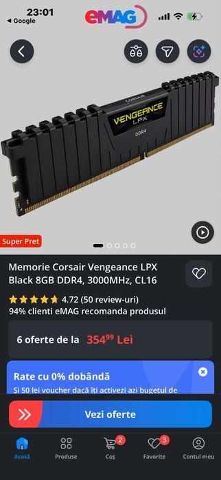 Vand Memorie Corsair Vengeance LPX Black 8GB DDR4, 3000MHz, CL16