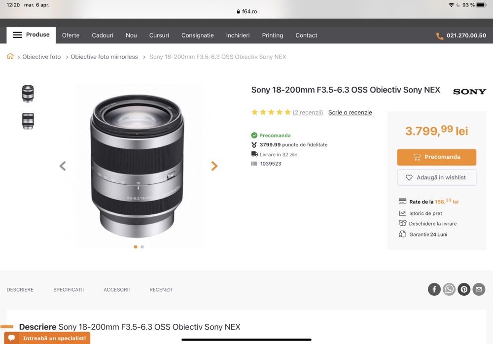 Obiectiv Sony 18-200mm f/3,5-6,3 OSS E-Mount Lens