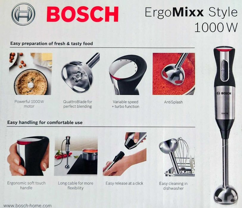 Пасатор BOSCH ErgoMixx Style 1000W MS64M6170 сет чопър, бъркалки, купа