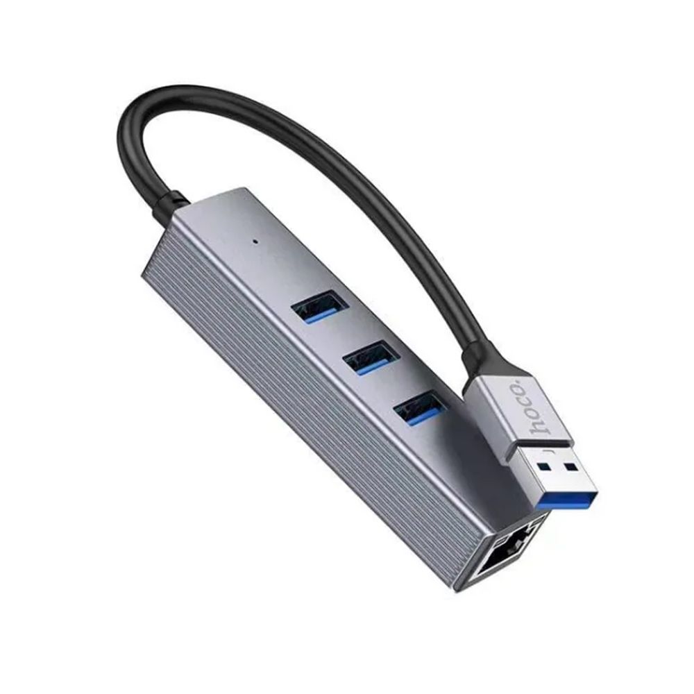 Адаптер Hoco HB34 USB на 4 (USB 3.0*3+RJ45) цвет: металлик