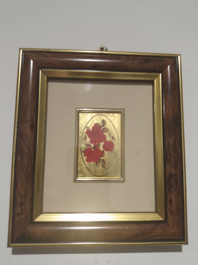 Litografie, tablou mic cu flori, trandafiri, aur 23 k, unicat