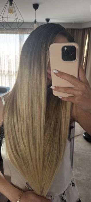 100% естествена коса на кератинови кичури!Балеаж,платинено русо!