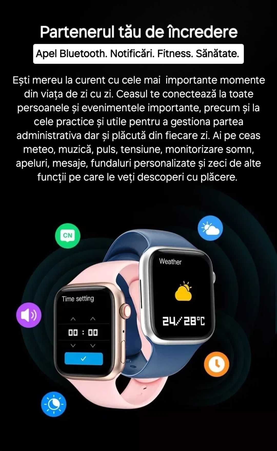 Smartwatch tip Apple Watch. Apeluri/Notificari pe ceas. Full touch.Roz