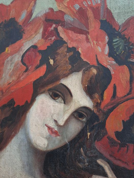 tablou vechi pictura pe panza 103/42 cm semnat