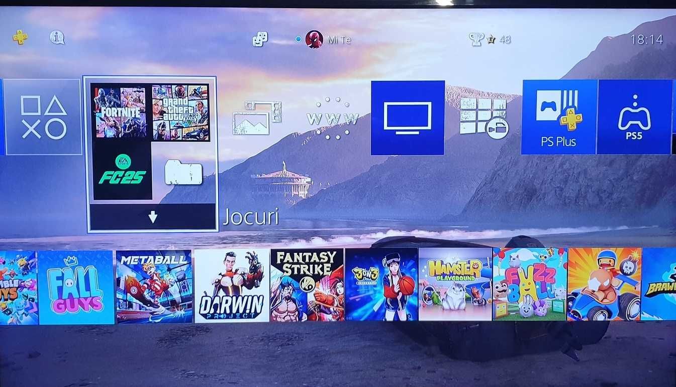 75 jocuri + PS4 SLIM cu FIFA 25, GTA V, Fortnite, Mortal Kombat 11