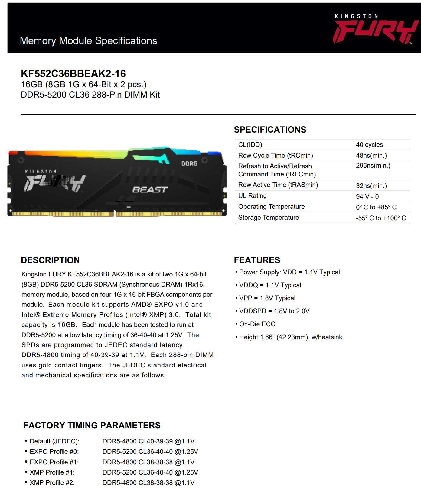 Рам памет Kingston FURY Beast RGB DDR5-5200 KF552C36BBEAK2-16 16GB