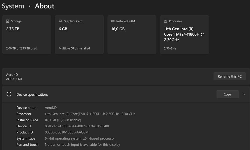 Laptop GIGABYTE AERO 15 OLED KD/RTX3060 6GB/i7-11800H/16GB RAM/3TB SSD