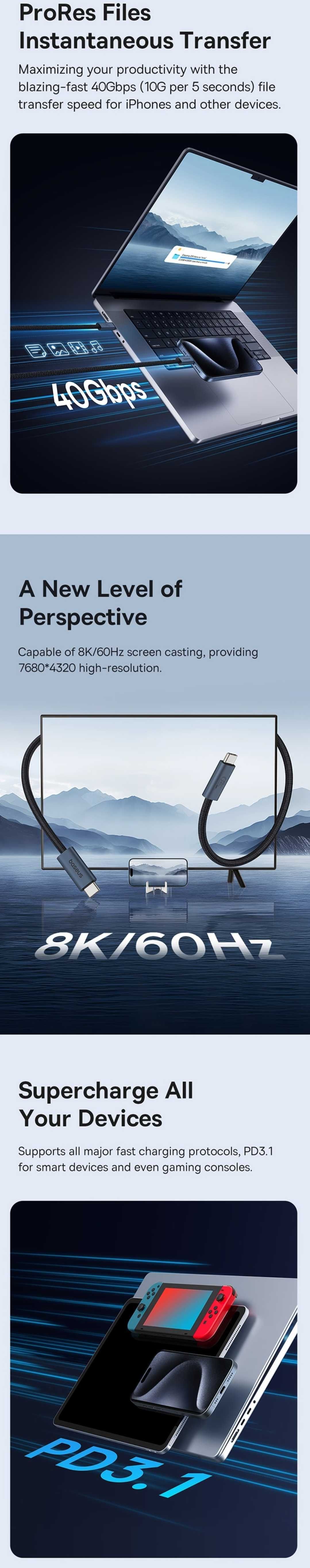 Baseus USB4 Type-C to Type-C PD 240W 40Gbps 8K-60Hz for MacBook Laptop