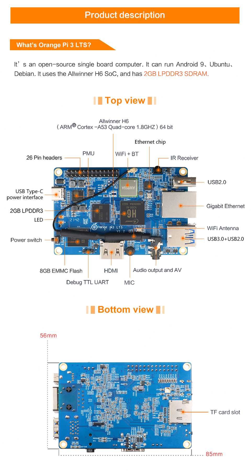 Orange Pi 3 LTS, 2GB DDR3, 8GB EMMC, HDMI+WIFI+BT5.0, Livrare gratuita