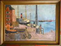 tablou pictura ulei pe panza peisaj maritim port vapor mare 124x94 cm