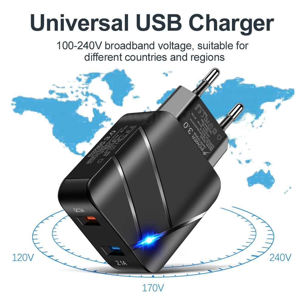 USB зарядно устройство TE-820, с 2 USB извода, QC2.0 и QC3.0