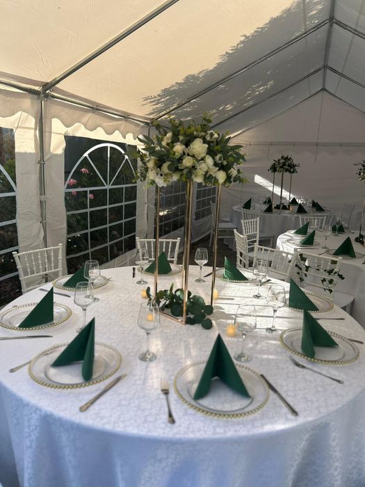 Cort, mese, scaune,vitrine, dozator de bere si aranjamente florale