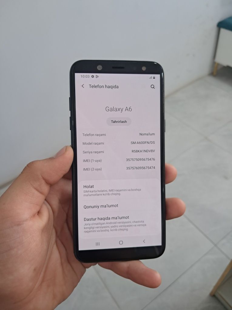 Samsung A6 xolati yaxshi aybi yu narxi 600.000 kelishamiz