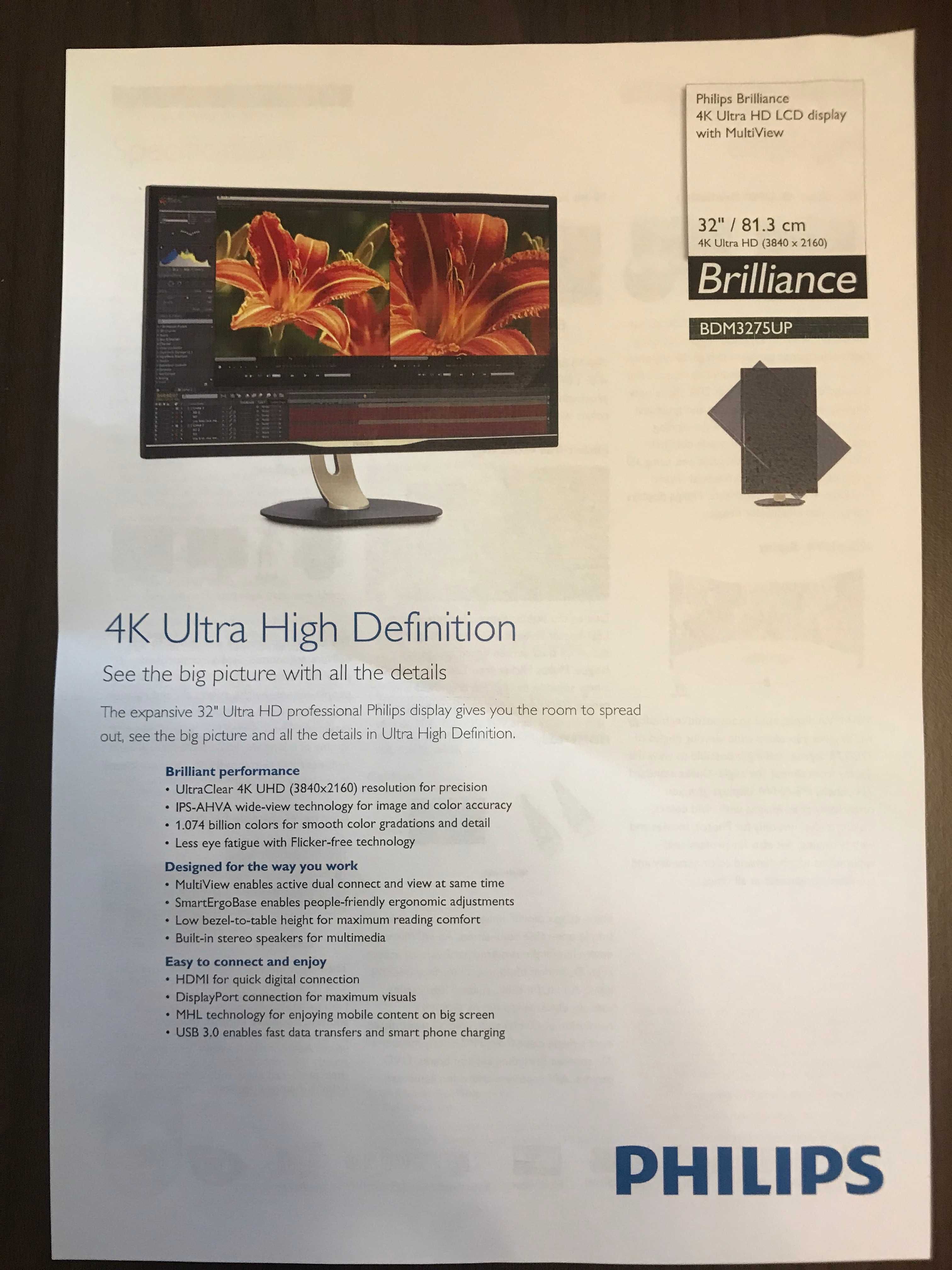 Monitor Philips Brilliance 4K Ultra HD LCD display with MultiView 32"