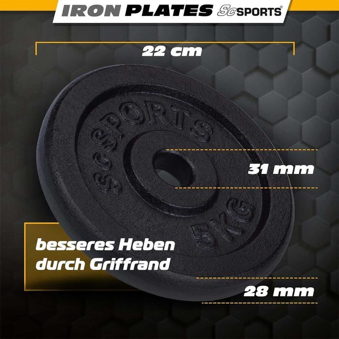 Plăci de greutate din fontă, 2 x 5 kg, gaură de 30 / 31 mm