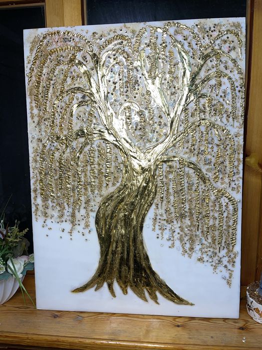 авторская декоративная картина с текстурой и смалой и золотыми камнями