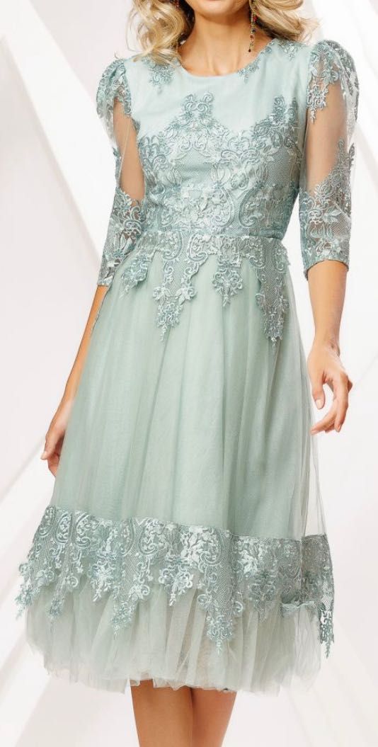 Rochie Mya verde mint din tull cu detalii din dantela