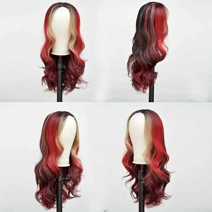 Вълнообразна перука с кичури микс от цветове русо червено черно на път